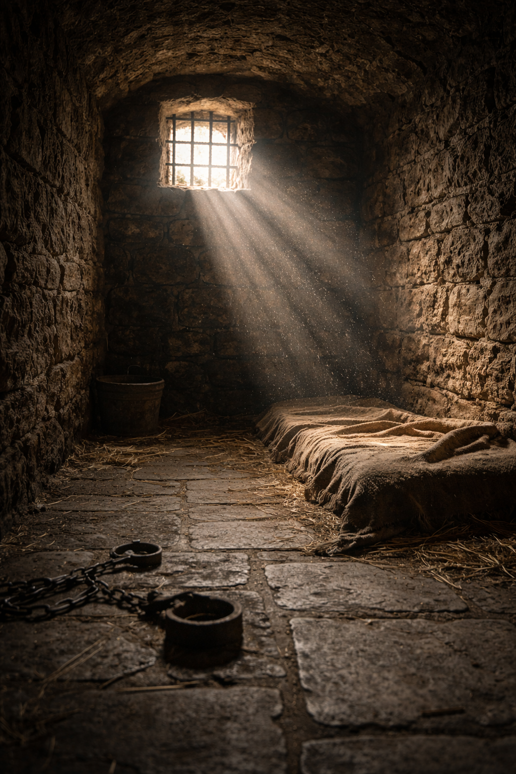 Uma cela antiga com luz entrando pela janela