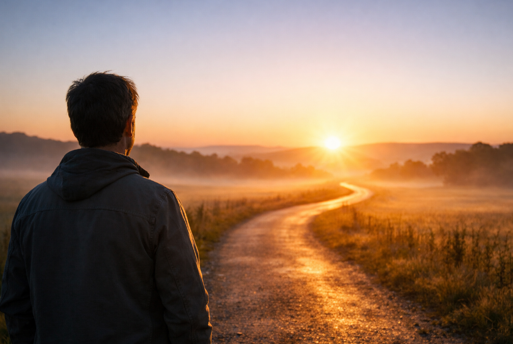 Caminho iluminado ao amanhecer, simbolizando crescimento espiritual e direção