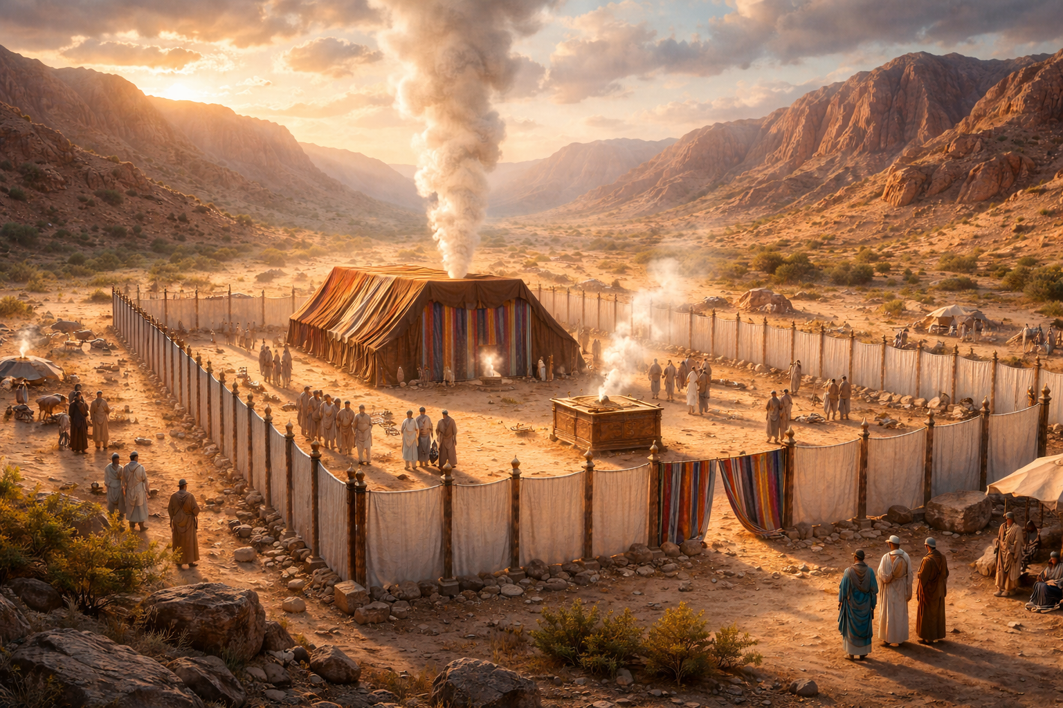 Ilustração do tabernáculo no deserto ao entardecer