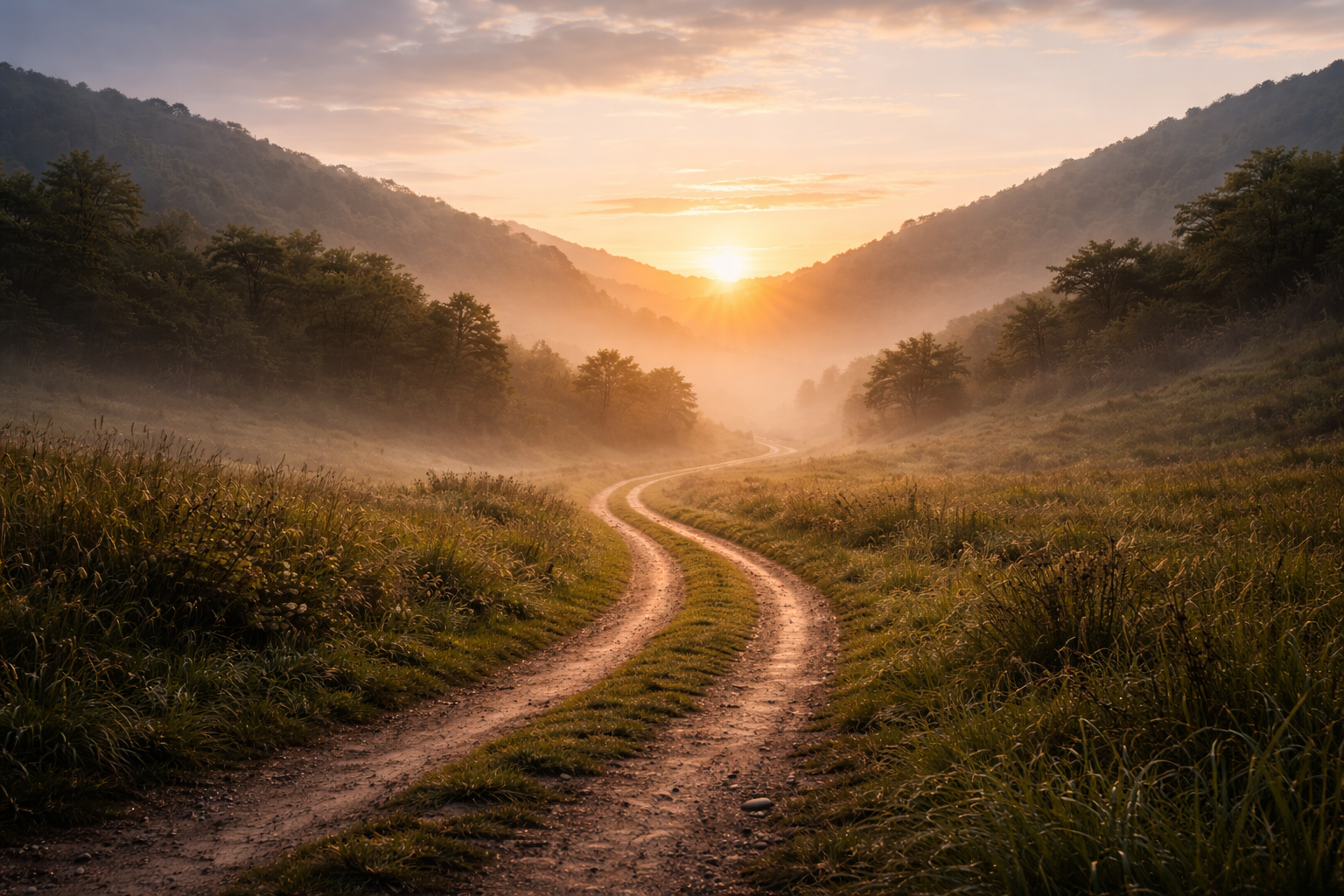 um vale com neblina e uma luz ao fundo