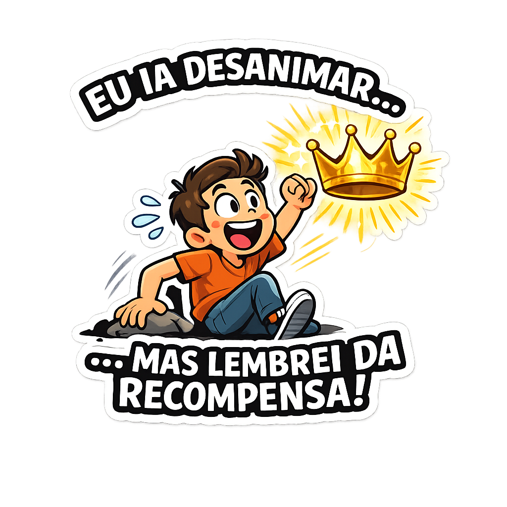 Figurinha com a frase Eu ia desanimar, mas lembrei da recompensa!