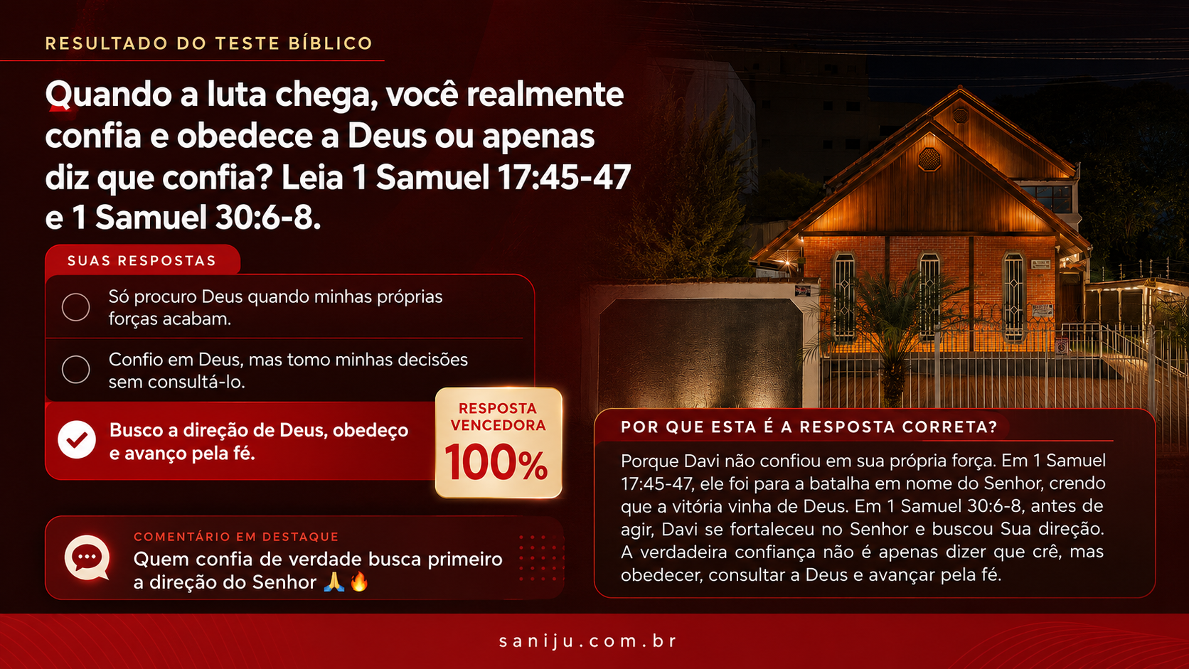 Resultado do teste bíblico com imagem da Igreja Cristã Maranata de Portão, Curitiba, Paraná