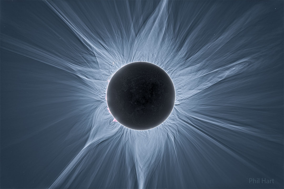 Vista detalhada de uma coroa do eclipse solar