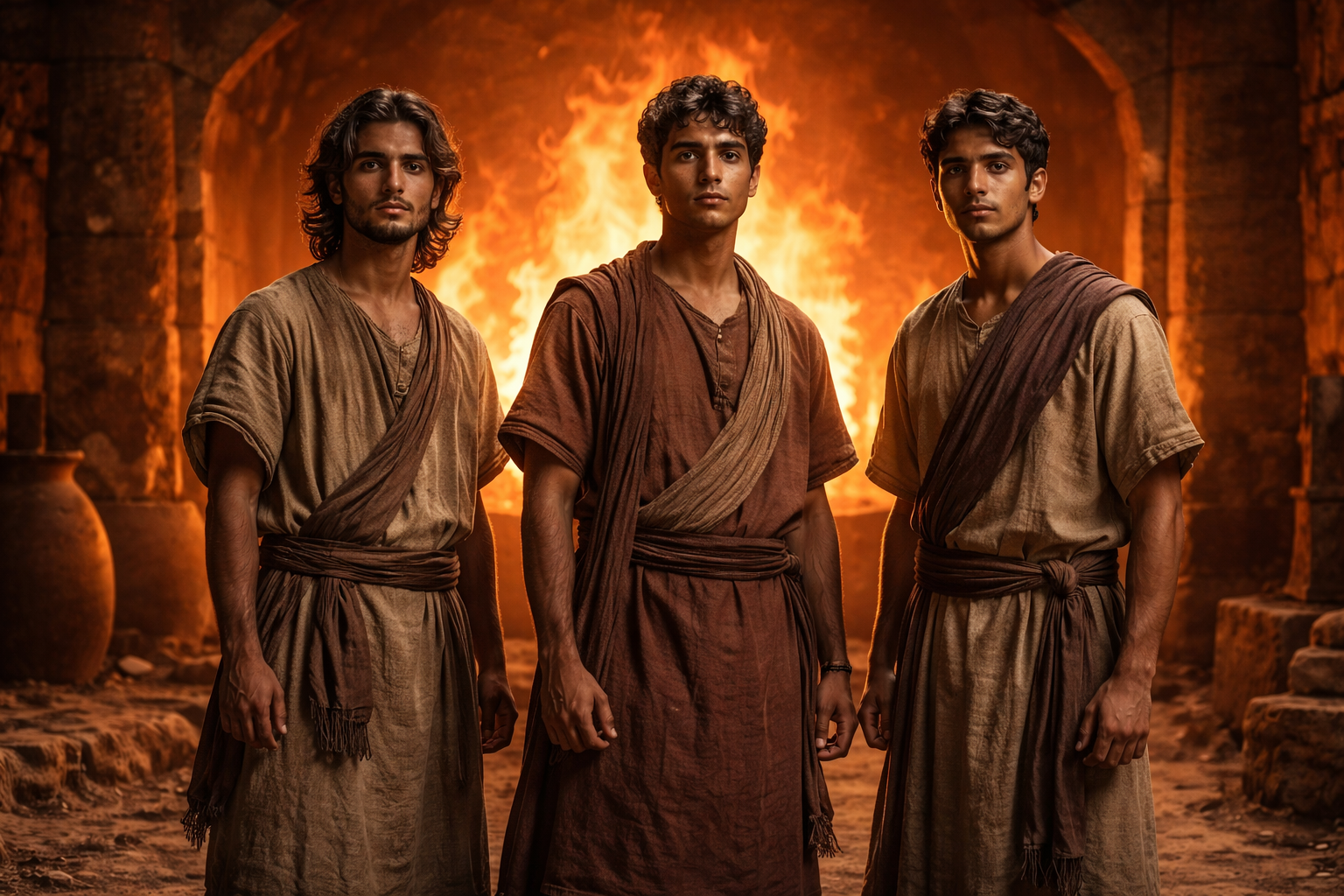  três jovens em pé diante de uma grande fornalha iluminada