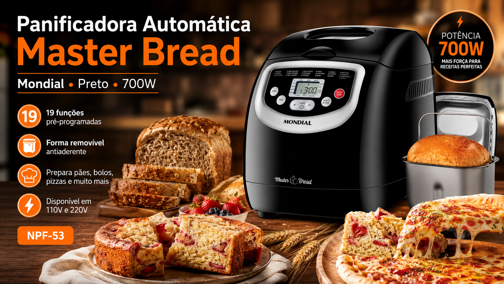 Panificadora Automática Master Bread, Mondial, Preto, 700W, 110V - NPF-53