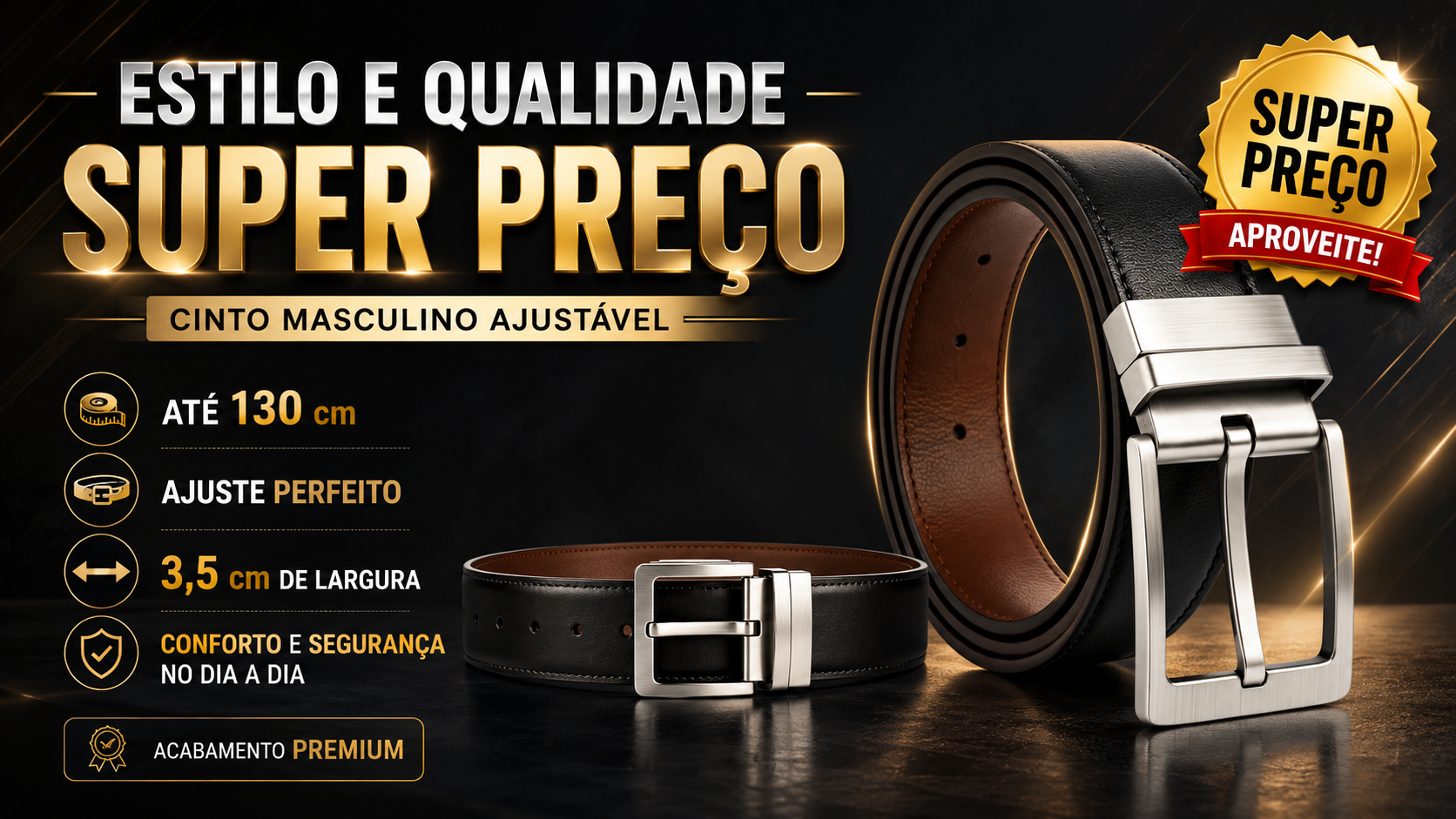 Cinto Social Masculino Dupla Face Preto e Café em Couro Sintético | Ajustável, Elegante, Fivela Reversível | Cinto Masculino Social e Casual