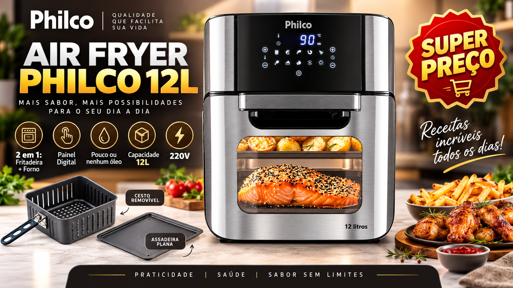 Air Fryer Philco 12L 2 em 1 — Fritadeira + Forno com Painel Digital