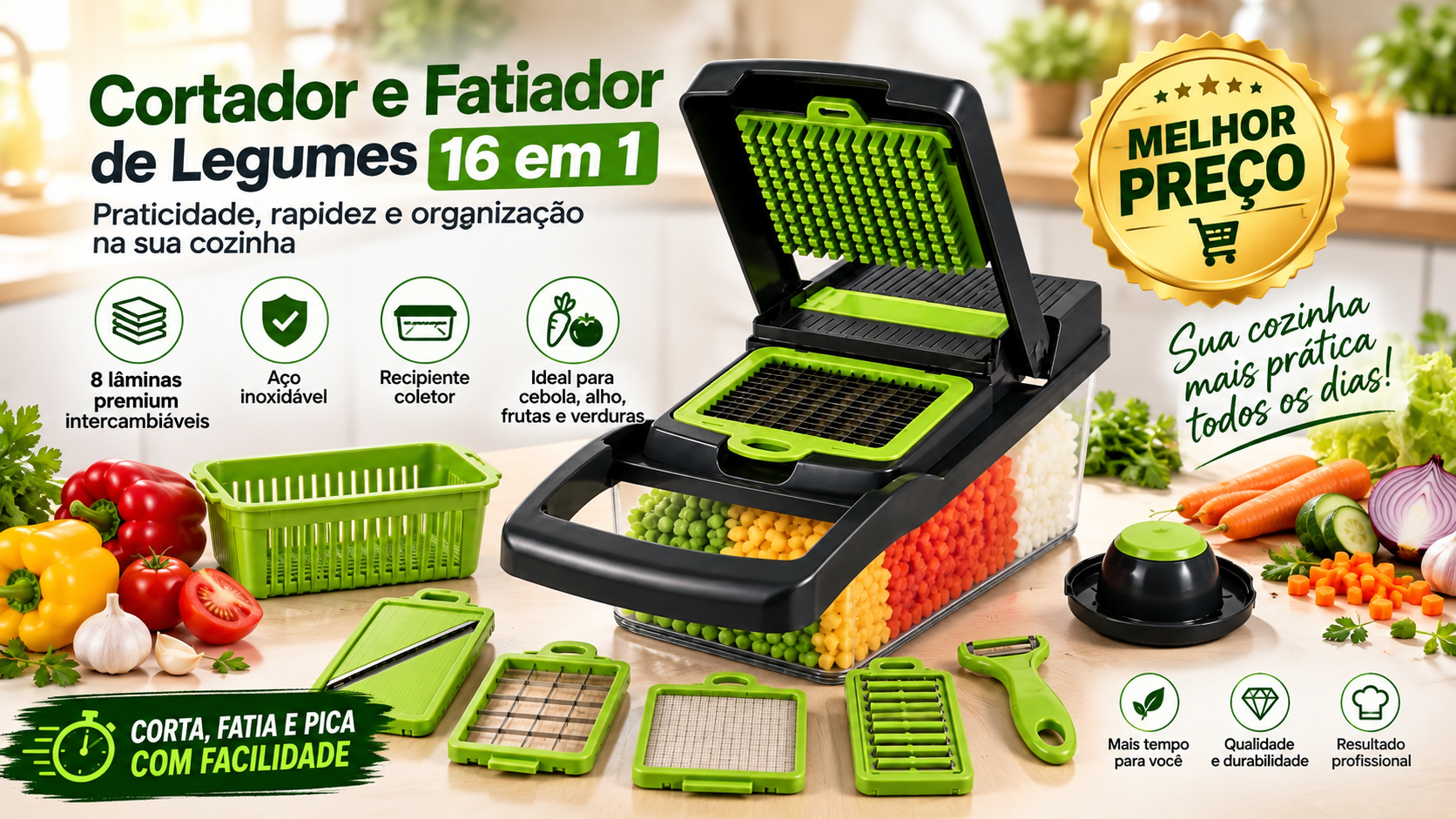 Cortador de Legumes 16 em 1 com 8 Lâminas – Mais Rapidez e Praticidade na Cozinha!