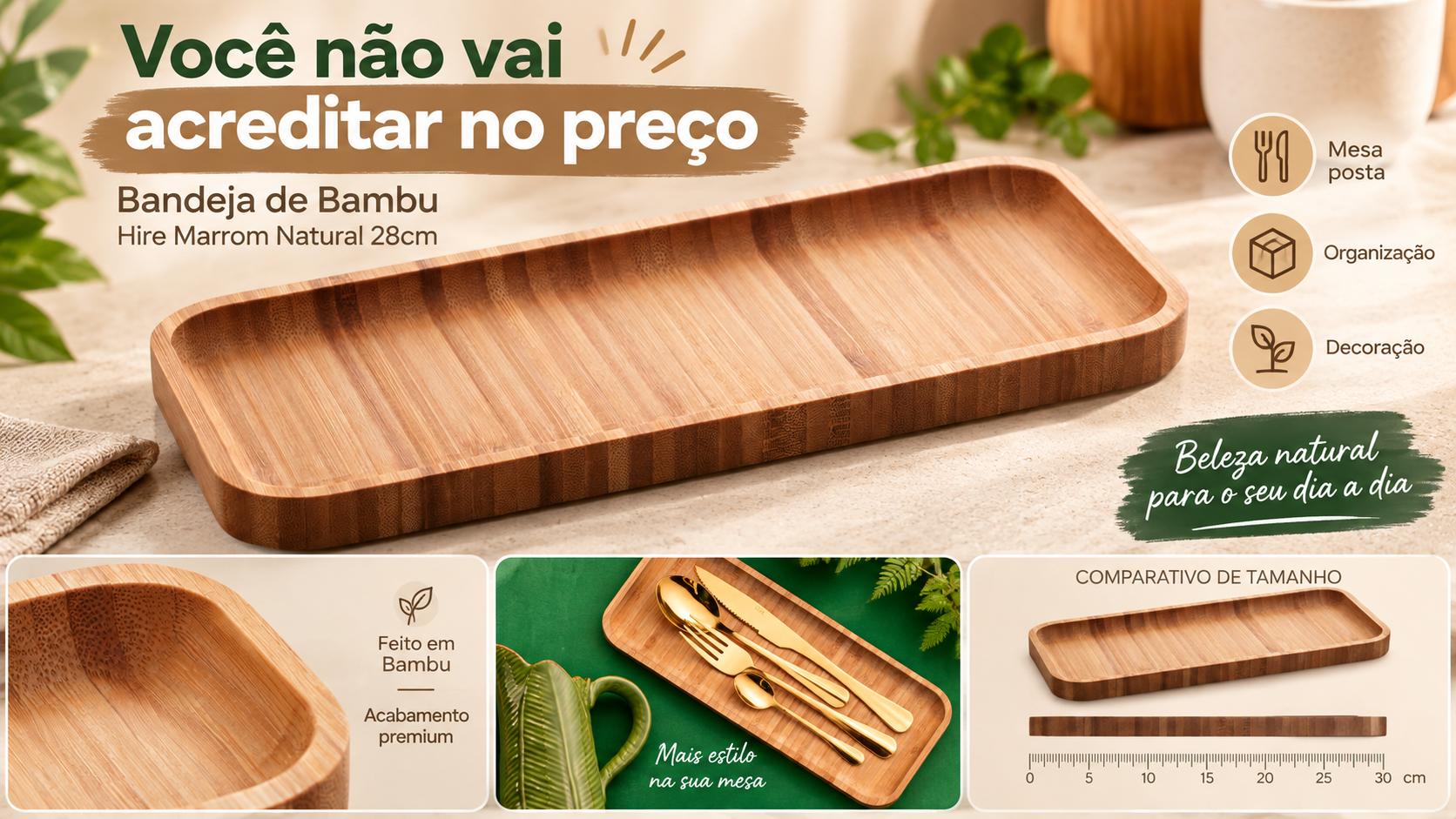 Bandeja de Bambu 28cm: Elegância e Organização por um Preço Surpreendente