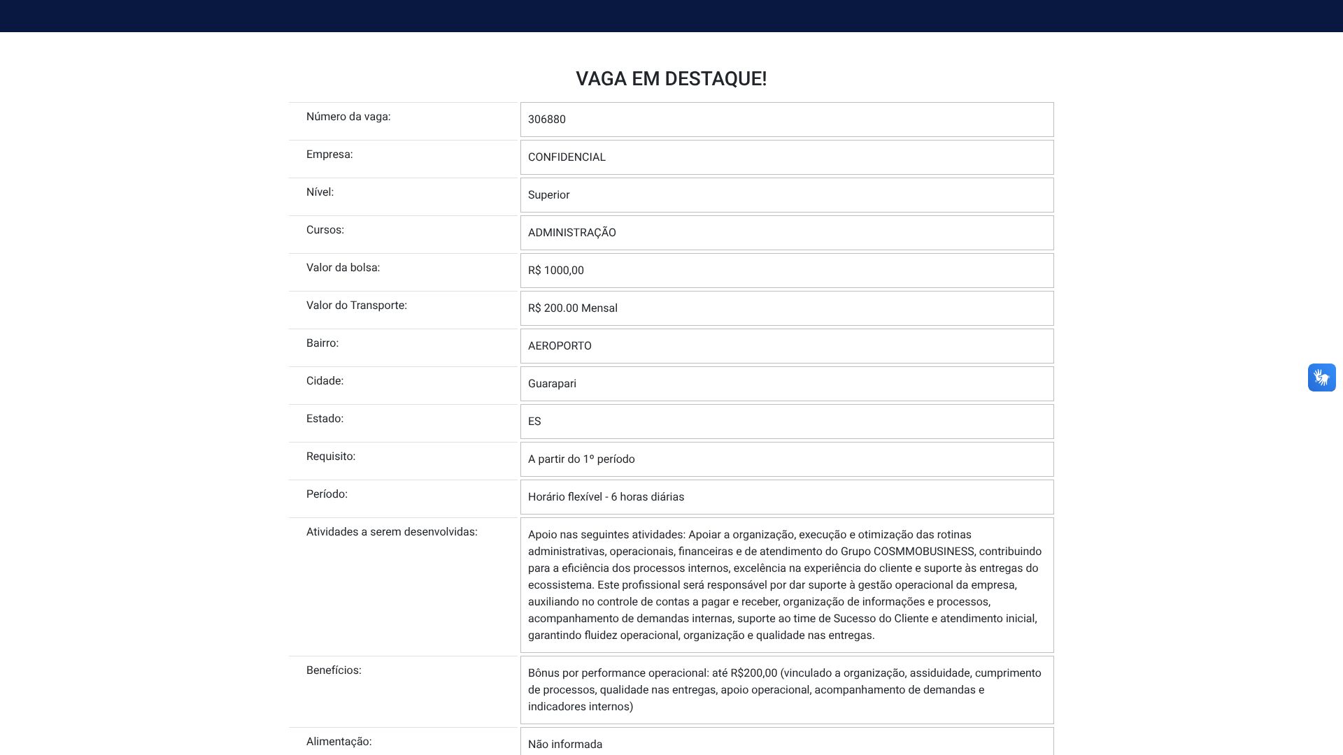 Vaga de ADMINISTRAÇÃO em Guarapari - 306880 - Super Estágios